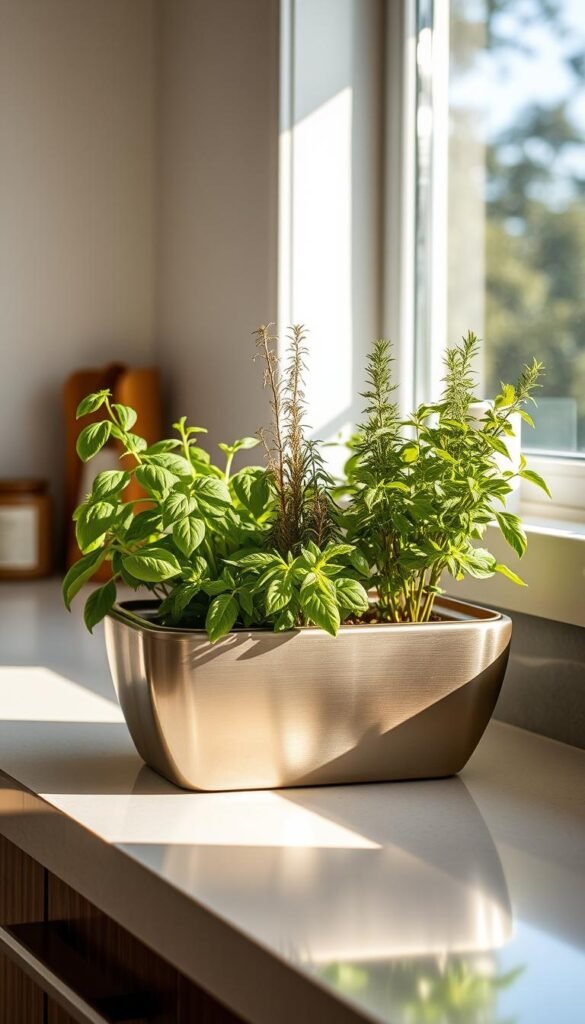 An interior scene featuring a well-lit kitchen counter with a sleek, modern indoor herb planter. The planter is made of polished ceramic or brushed metal, with a minimalist design that complements the kitchen's decor. Lush, vibrant herb plants such as basil, thyme, and rosemary are thriving within the planter, their leaves casting warm, natural shadows across the counter's surface. Soft, diffused natural light streams in through a nearby window, creating a serene, inviting atmosphere. The overall composition highlights the practical and aesthetic benefits of cultivating an indoor kitchen herb garden, capturing the joy and convenience of having fresh herbs on hand.