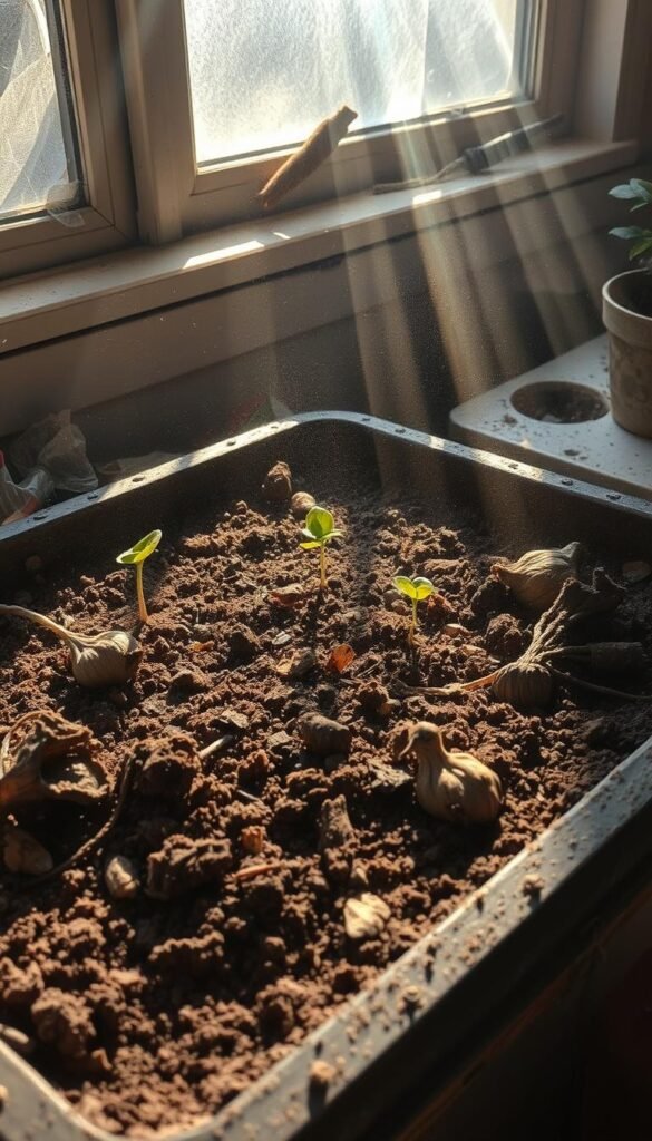 An old, worn potting tray sits on a cluttered workbench, its surface covered in a thick, crusty layer of compacted, discolored soil. Dried-out roots and decaying organic matter litter the tray, while a few withered seedlings struggle to survive in the depleted medium. Dusty shafts of sunlight stream through a dirty window, casting long shadows that accentuate the neglected, dilapidated scene. The overall mood is one of neglect and decay, a stark warning against reusing old, exhausted potting soil. A stark, unflattering close-up, captured with a high-resolution macro lens to highlight the gritty, uninviting details.