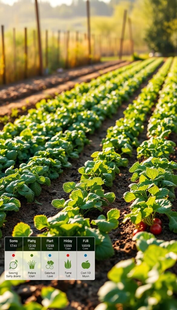 An orderly garden bed with rows of thriving vegetables in various stages of growth. The foreground features a visual schedule of planting dates, with icons and labels denoting the different crops and their corresponding sowing and harvesting times. The middle ground showcases a diverse array of vegetables, from leafy greens to vibrant root vegetables, all in optimal growing conditions. The background depicts a warm, sun-dappled setting, with a subtle haze that creates a sense of depth and atmosphere. The lighting is soft and natural, accentuating the lush, verdant tones of the plants. The overall composition conveys a harmonious, well-planned approach to maximizing crop yield in a limited space.