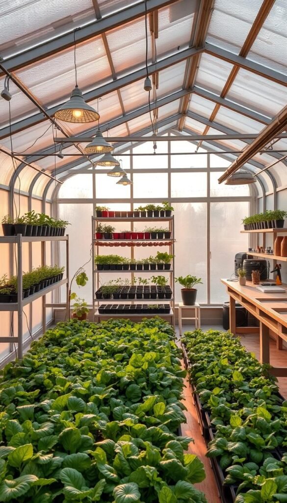 An organized, spacious greenhouse interior in the winter, bathed in warm, diffused sunlight filtering through frosted glass panes. In the foreground, orderly rows of leafy greens and herbs thriving under suspended grow lights. In the middle ground, carefully tiered shelving units maximize vertical space, housing a variety of potted plants, vegetable seedlings, and seed trays. In the background, a clean, minimalist workbench and storage area, with tools and supplies neatly arranged. The overall atmosphere is one of efficient productivity, with a focus on optimizing every square inch of the greenhouse's limited wintertime footprint.