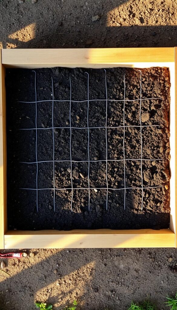 An overhead view of a raised garden bed divided into a square foot gardening grid. The wooden frame is filled with rich, dark soil, ready for planting. The grid is made up of evenly spaced lines, creating a series of 1-foot square sections. The scene is bathed in warm, natural light, casting gentle shadows across the soil. The layout is precise and organized, reflecting the thoughtful approach of square foot gardening. The image conveys a sense of order, productivity, and the potential for a bountiful harvest.