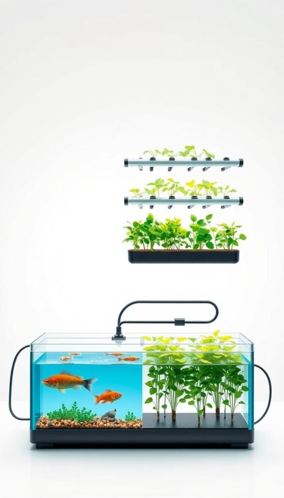 Aquaponics vs. Hydroponics Design: A Side-by-Side Comparison A detailed illustration showcasing the architectural differences between aquaponic and hydroponic growing systems. In the foreground, an aquaponic setup features a fish tank connected to a grow bed, demonstrating the symbiotic relationship between aquatic life and plant cultivation. In the middle ground, a hydroponic system is depicted, with plants suspended in a nutrient-rich solution, sans the aquatic component. The background provides a clean, minimalist setting, allowing the systems to take center stage. Captured with a wide-angle lens under soft, diffused lighting to accentuate the technical nuances of each approach, this image aims to visually educate the viewer on the distinct design philosophies underlying aquaponic and hydroponic gardening.
