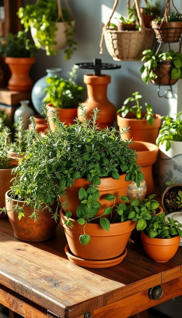 Assorted herb containers and planters arranged on a rustic wooden table, bathed in warm, natural lighting. An eclectic mix of terracotta pots, sleek ceramic vessels, and whimsical hanging baskets showcase thriving herbs like rosemary, thyme, and basil. The foreground features a centerpiece planter overflowing with lush, verdant foliage, while the background layers in a variety of complementary shapes, textures, and sizes to create a visually harmonious composition. The overall mood is one of cozy, homey charm, inviting the viewer to imagine cultivating their own bountiful indoor herb garden.