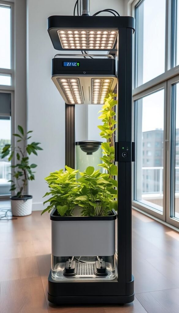 Automated hydroponic system comparison: A modern, minimalist interior showcasing two side-by-side hydroponic setups. In the foreground, a sleek, compact automated system with LED grow lights and digital controls. In the middle, a more basic manual kit with simple water tanks and manual nutrient adjustments. Bright natural light floods the scene from large windows, highlighting the verdant foliage and clean, streamlined design. The overall atmosphere is one of efficiency, technology, and effortless urban gardening. Captured at a high angle with a wide-angle lens to provide a comprehensive view of the contrast between the two systems.