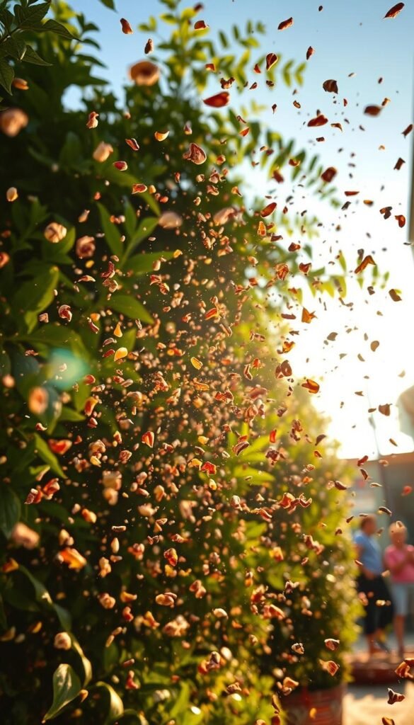 Chaos garden seed scattering - A whirlwind of nature's bounty cascades across the frame, as diverse seeds dance through the air, their wild trajectories evoking a sense of spontaneity and unbridled growth. Sunlight filters through the lush foliage, casting a warm, golden glow that accentuates the vibrant colors and textures of the scattered seeds. The camera captures this scene at a dynamic angle, heightening the sense of energy and movement, inviting the viewer to imagine the verdant chaos that will soon unfurl across the urban landscape.