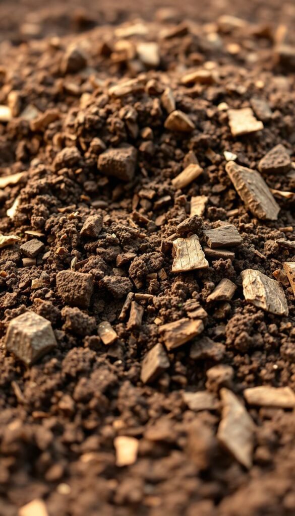 Citrus soil mix: a lush, loamy close-up showcasing the key ingredients for thriving patio citrus. In the foreground, rich, dark topsoil blends seamlessly with coarse sand and perlite, creating a well-draining, nutrient-dense foundation. Interspersed throughout, pieces of organic compost and aged bark mulch add vital structure and moisture retention. Warm, neutral lighting casts a gentle glow, highlighting the soil's earthy tones and subtle textures. The composition is framed from a low, slightly angled perspective, creating an inviting, immersive view that inspires growers to cultivate their own bountiful patio citrus.