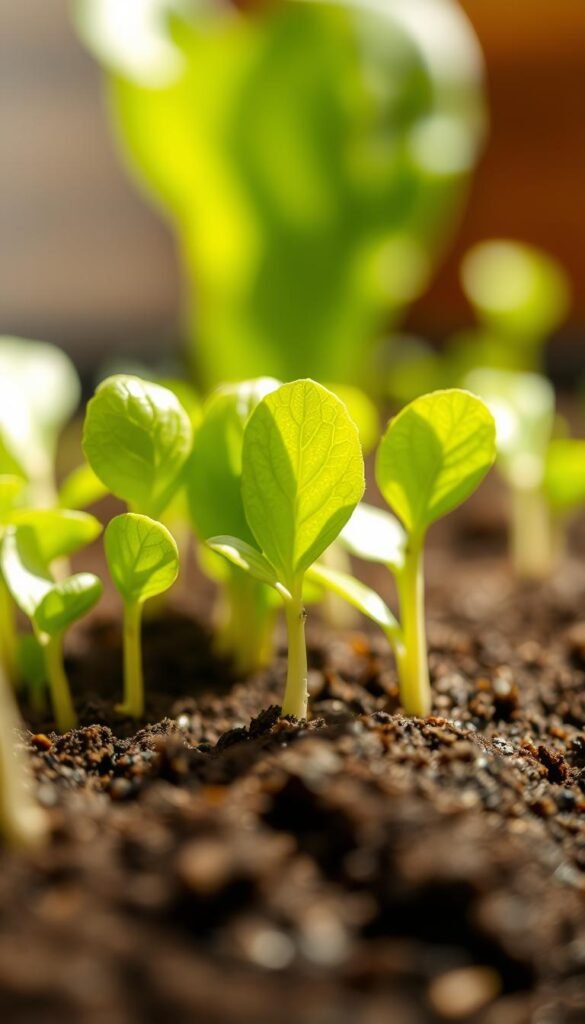 Close-up shot of fresh soil sprouts emerging from soil, growing into lush, vibrant salad greens. The sprouts are positioned in the foreground, with a soft, blurred background to draw the viewer's eye. Warm, directional lighting casts gentle shadows and highlights the delicate textures of the leaves. The scene has a serene, natural atmosphere, inviting the viewer to imagine the taste and aroma of these homegrown greens. Captured with a high-resolution macro lens, the image showcases the beauty and potential of indoor salad gardening.