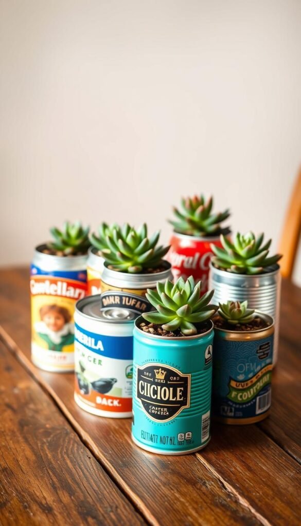 Coffee can planters on a rustic wooden table, captured in warm, natural lighting with a soft, diffused glow. The cans are arranged in a visually appealing composition, with various sizes, shapes, and labels creating an eclectic, upcycled aesthetic. The cans are filled with thriving succulents, their vibrant colors and textures adding a lively, organic element to the scene. The background features a neutral, uncluttered setting, allowing the coffee can planters to be the focal point. The overall mood is one of simplicity, creativity, and environmentally-conscious gardening.