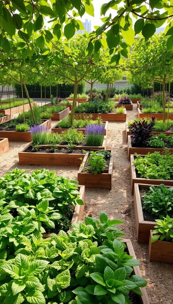 Delving Into Structured Garden Beds: An orderly arrangement of raised garden beds, each brimming with lush flora. The beds are precisely aligned, their edges neatly defined by wooden frames. Soft morning light filters through the canopy of verdant leaves, casting gentle shadows across the meticulously cultivated soil. In the foreground, a variety of vibrant, organically shaped plants thrive, their colors and textures creating a harmonious tapestry. The middle ground showcases a balanced layout, with pathways winding between the beds, inviting exploration. In the distance, a subtle hint of an urban backdrop underscores the structured, controlled nature of this carefully curated garden oasis.