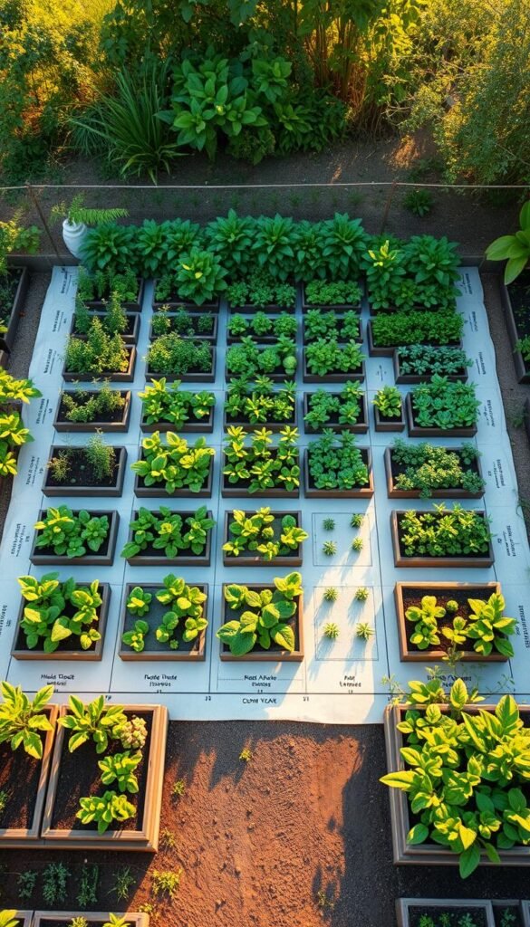 Detailed blueprint for a perfectly planned square foot garden layout. A meticulously organized grid of raised garden beds, each section carefully mapped out for high-yield crops. Lush greenery and vibrant hues against a soft, natural background. The layout is captured through a wide-angle lens, showcasing the harmonious design and efficient use of garden space. Warm, golden sunlight filters through, creating a serene and inviting atmosphere. Every element is precisely proportioned, inspiring the viewer to create their own thriving square foot garden oasis.