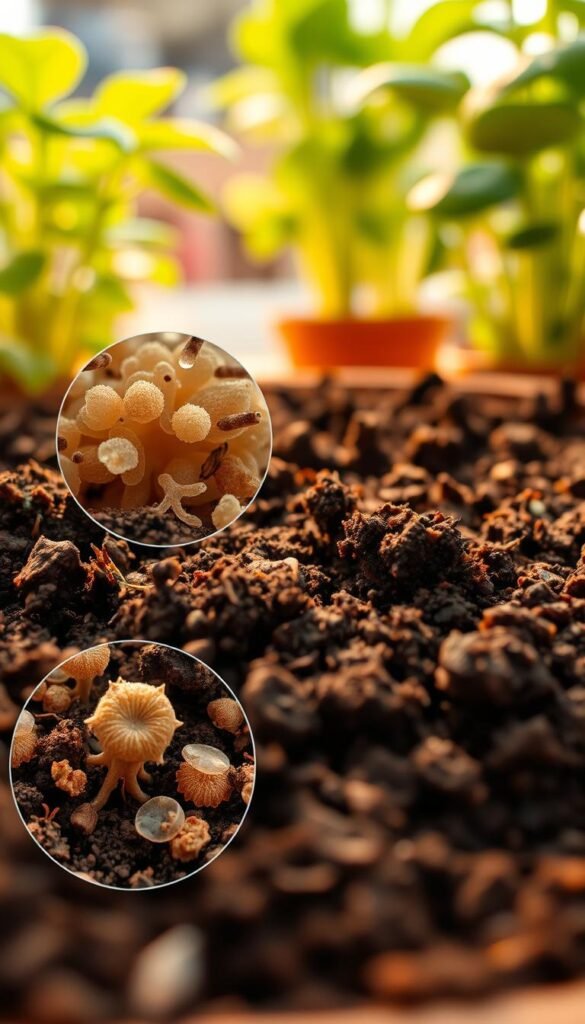 Detailed close-up of a container filled with rich, dark soil teeming with beneficial microbes. In the foreground, magnified views of various microorganisms such as bacteria, fungi, and protozoa thriving in the nutrient-dense substrate. Warm, diffused lighting illuminates the intricate microbial structures and their symbiotic relationships. The middle ground showcases the lush, loamy soil texture with visible organic matter and root networks. In the background, a blurred, out-of-focus view of healthy, vibrant container plants, emphasizing the integral role of the microbiome in supporting plant health and growth.