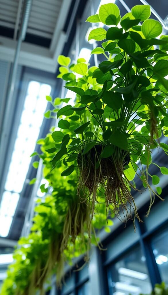 Detailed close-up of a lush aeroponics system with verdant plants suspended in a sleek modern interior. Bright backlighting illuminates the intricate root structures and delicate foliage, showcasing the efficient misting technology. The scene conveys a sense of tranquility and natural harmony, highlighting the benefits of this soil-free growing method - water conservation, nutrient-rich growth, and reduced pest exposure. Captured from a low angle with a shallow depth of field to emphasize the visual appeal and technical sophistication of aeroponic gardening.