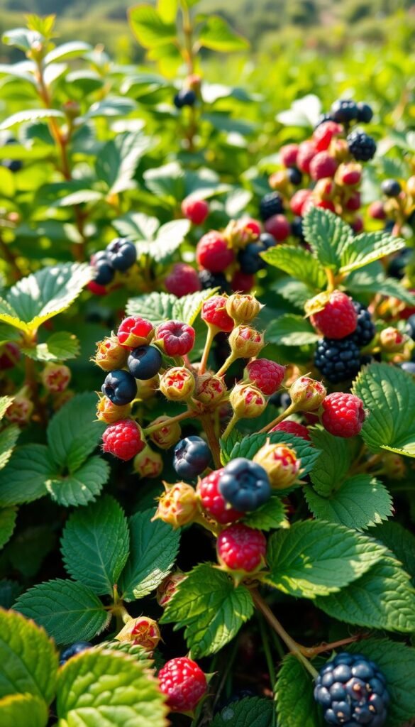 Detailed close-up of a well-tended berry bush garden, showcasing a lush foreground of blueberry, raspberry, and blackberry plants. The mid-ground features a range of healthy, vibrant leaves and budding berries in various stages of ripeness, bathed in soft, directional natural lighting. The background hints at a tranquil, verdant setting, with a sense of peaceful serenity. The composition emphasizes the tactile, organic qualities of the plants, inviting the viewer to engage with the beauty and potential of this nourishing, low-maintenance garden.