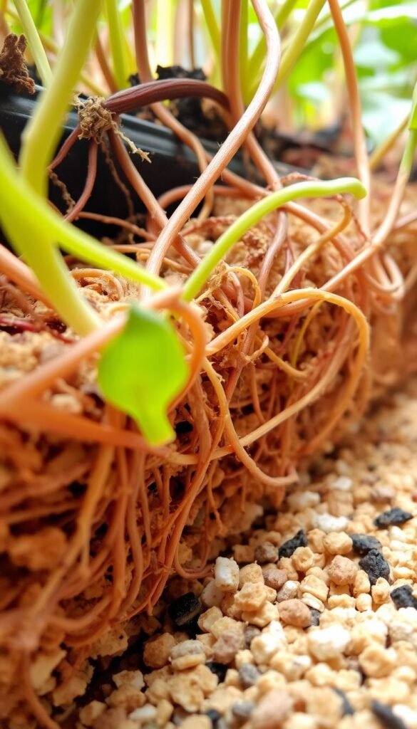 Detailed close-up of vibrant aquaponics plant root system and grow media. Roots intertwined and spreading through a lush, porous substrate of expanded clay pellets, coconut coir, and perlite. Soft, diffused lighting highlights the textures and contours, creating a sense of depth and natural beauty. The image conveys the healthy, thriving nature of the plants, perfectly suited for a small-scale aquaponics setup. Captured at a dynamic angle to showcase the intricate root structures and their interaction with the carefully selected grow media.