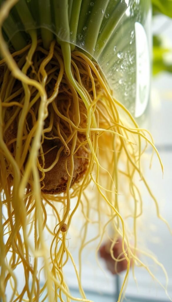 Detailed cross-section of thriving hydroponic plant roots, with a focus on intricate root structures and nutrient-rich water. Lush, tangled roots in the foreground, suspended in a crystalline, mineral-infused liquid medium. Soft, diffused lighting illuminates the translucent, delicate root hairs and capillaries. Captured from a low angle, highlighting the complex, web-like network that efficiently absorbs essential nutrients for the plant's growth. The scene conveys the scientific elegance and efficiency of a well-designed hydroponic system, without soil, promoting a deeper understanding of the underlying principles.