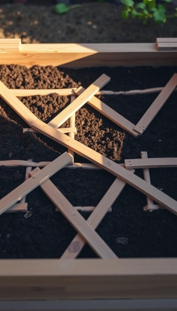 Detailed diagram of a square foot gardening grid, featuring a raised wooden planter box with a 3x3 grid of individual compartments. The planter is illuminated by soft, natural light, casting gentle shadows across the rows. The grid is precisely marked with intersecting wooden slats, creating a visually appealing and organized layout. The soil within each compartment is rich and dark, ready for planting a variety of vegetables and herbs. The overall composition conveys a sense of order, efficiency, and the rewarding potential of small-space gardening.