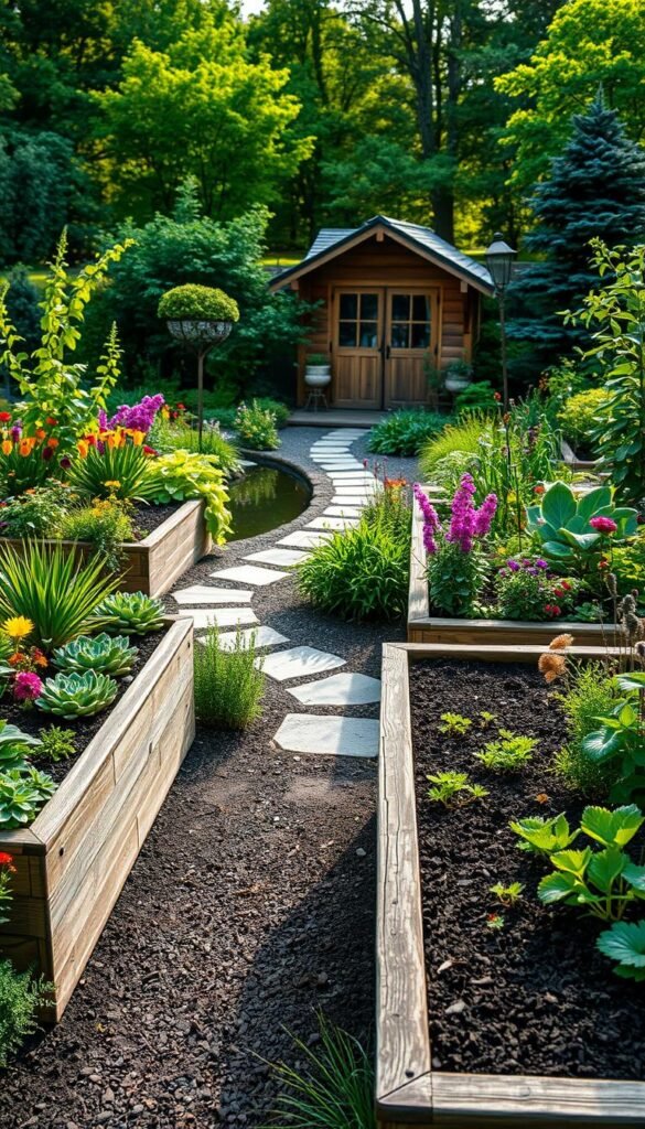 Detailed garden layout planning in a lush, verdant setting. Elegant raised beds in the foreground, constructed with weathered wooden frames, filled with rich, dark soil. Diverse flora arranged in a harmonious, visually appealing design - vibrant flowers, leafy greens, and aromatic herbs. A winding stone path meanders through the scene, leading the eye towards a tranquil pond in the middle ground, its still waters reflecting the surrounding foliage. In the background, a picturesque wooden shed, bathed in warm, natural light, completes the idyllic, serene atmosphere. Captured with a wide-angle lens to showcase the entire layout in stunning detail.