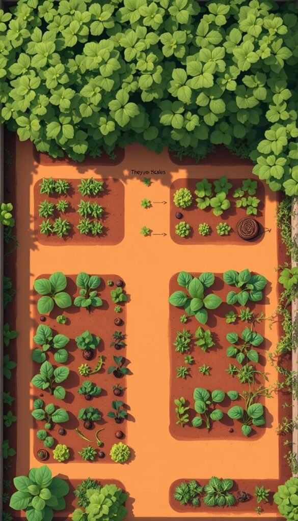 Detailed garden planning diagram showcasing the layout and spacing of a small vegetable garden. Crisp digital illustration with clean lines and muted colors. Overhead perspective reveals the meticulously plotted beds, paths, and companion plantings. Rows of leafy greens, root vegetables, and trailing vines fill the foreground, while the background features a lush, verdant backdrop of foliage. Warm, natural lighting casts soft shadows, creating depth and dimension. The composition emphasizes efficient use of limited space, providing a clear, informative reference for small-scale vegetable gardening.