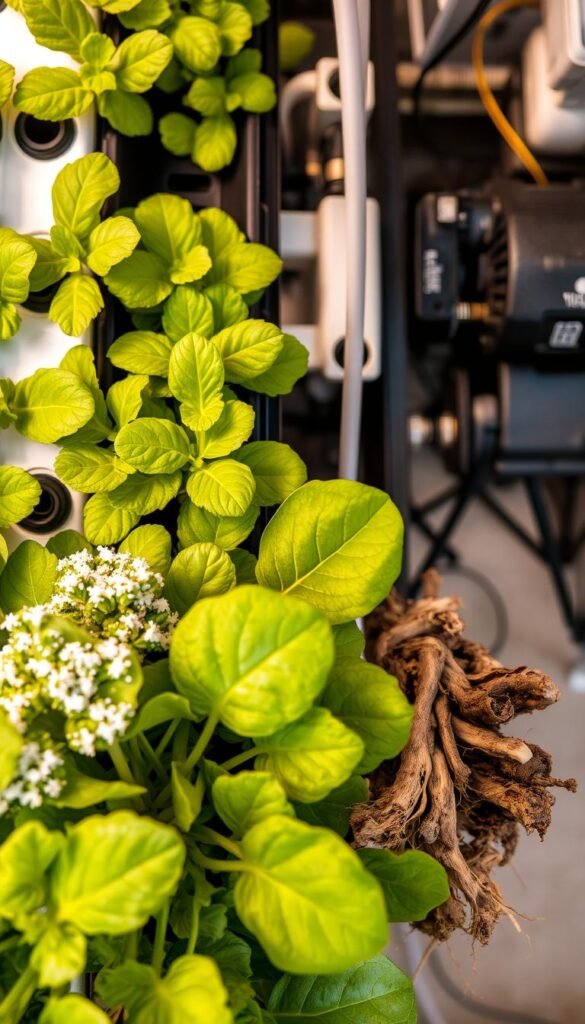 Detailed hydroponic garden, overhead view, close-up, well-lit, sharp focus. Foreground: Healthy hydroponics planter, lush green leafy plants, no signs of disease. Midground: Hydroponics system components - grow tray, water reservoir, tubing, air pump. Background: Diagnosing fungal issues - close-up of powdery mildew on leaves, gray fuzzy mold on roots, discolored and rotting roots. Subtle warm lighting, natural tones, clean and organized laboratory-like setting. Conveys understanding and management of common hydroponic fungal problems.