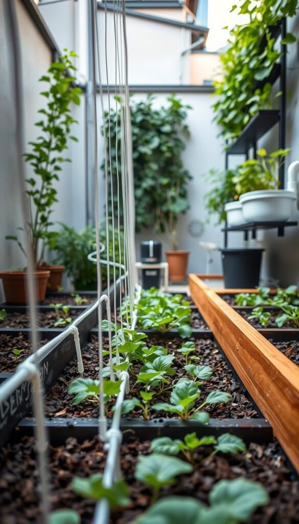 Detailed image of an efficient vertical garden watering system in a small urban backyard. A modern, minimalist design with clean lines and a focus on functionality. In the foreground, a network of sleek, adjustable drip irrigation tubes running along the garden beds, delivering water precisely where needed. In the middle ground, a compact, energy-efficient water pump system, discretely tucked away. In the background, a contemporary, space-saving vertical garden structure, lush with thriving vegetables. Soft, even lighting illuminates the scene, creating a serene, naturalistic atmosphere. The overall impression is one of a thoughtfully designed, sustainable, and space-saving watering solution for the urban gardener.