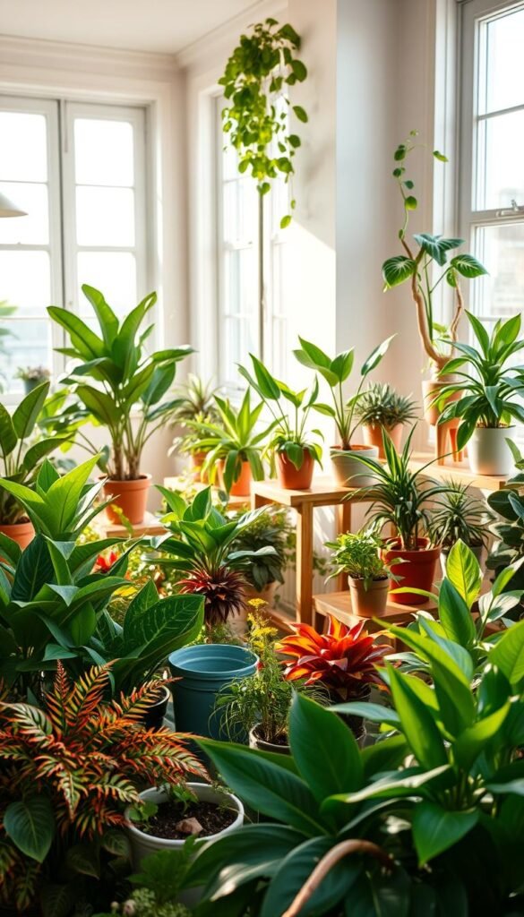 Detailed indoor plant selection guide, showcasing a variety of lush, thriving houseplants in a bright, airy studio apartment setting. Diverse foliage textures and vibrant colors fill the foreground, with potted plants of varying sizes arranged on wooden shelves and side tables. Warm, natural lighting streams in through large windows, casting a gentle glow over the scene. In the background, a minimalist, Scandinavian-inspired interior design provides a clean, modern backdrop to highlight the beauty of the plants. The overall atmosphere conveys a sense of serenity and inspiration for curating the perfect indoor garden oasis.