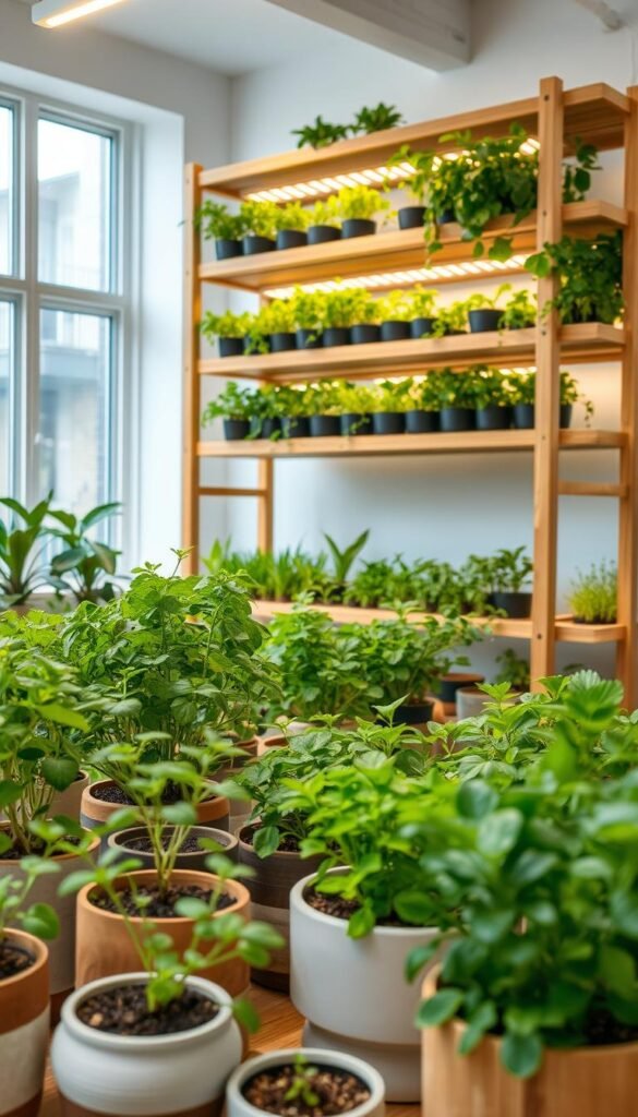 Detailed indoor vegetable garden setup with lush potted plants, grow lights, and wooden shelving unit. Foreground shows various seedlings and succulents in modern ceramic pots. Middle ground has a floor-to-ceiling shelving system made of natural wood, housing an array of thriving herbs, lettuces, and microgreens under a warm, diffused glow of full-spectrum LED grow lights. Background depicts a cozy, minimalist interior with white walls and large windows, allowing ample natural light to flow in. The overall scene conveys a sense of peaceful productivity and bountiful indoor harvest, perfect for an article on urban gardening.
