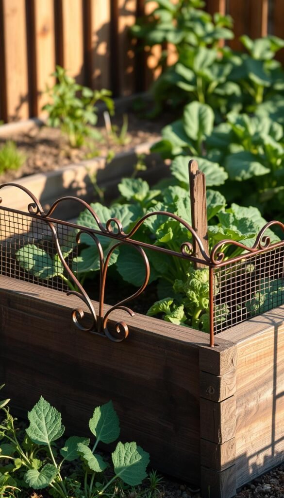 Detailed raised garden bed with wooden frame, surrounded by a low, decorative metal mesh fence to deter pests. The fence has an elegant, wrought-iron-inspired design with gentle curves. In the foreground, lush, thriving vegetables grow within the protected raised bed. Warm, natural lighting casts soft shadows, creating a welcoming, rustic atmosphere. The scene is photographed from a slightly elevated angle, capturing the full height of the raised bed and the protective barrier. Subtle textures and warm tones evoke a sense of a well-designed, functional, and aesthetically pleasing vegetable garden.
