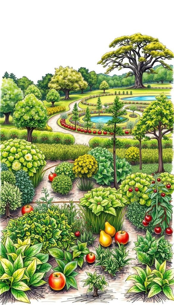 Detailed sketch of a neatly organized fruit garden layout, featuring a well-planned arrangement of various fruit trees and bushes. The foreground showcases a lush, vibrant vegetable patch with flourishing greens and herbs. The middle ground presents a harmonious mix of apple, pear, and cherry trees, strategically positioned to maximize sunlight and airflow. In the background, a beautifully landscaped garden with winding paths and a tranquil pond, framed by towering oak trees and a clear, blue sky. The overall composition exudes a sense of balance, productivity, and a deep connection to nature, inviting the viewer to imagine the full potential of the gardening space.