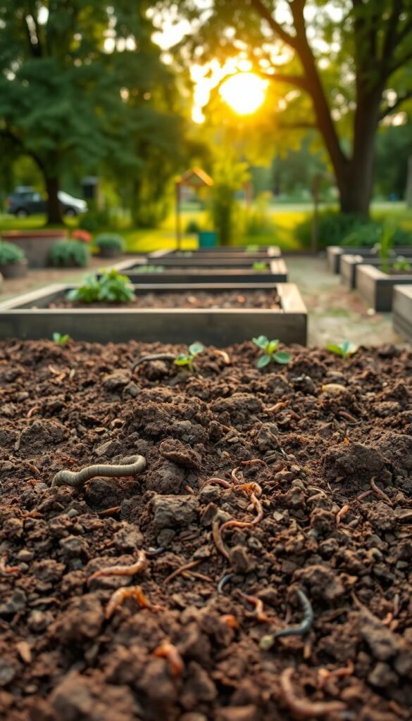 Detailed soil preparation for a lush vegetable garden bed. A well-tilled, nutrient-rich earth in the foreground, teeming with earthworms and organic matter. Raised garden beds in the middle ground, their edges neatly trimmed, ready to be planted. In the background, a serene garden scene with mature trees and a warm, soft lighting filtering through, creating a peaceful, tranquil atmosphere. The composition emphasizes the importance of proper soil management for a thriving fall vegetable garden, inviting the viewer to imagine the bountiful harvest to come.