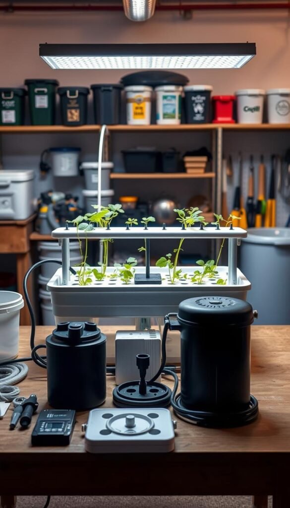 Detailed step-by-step aeroponic garden setup in a well-lit, clean and organized workshop environment. Foreground shows various aeroponic components such as nutrient reservoir, grow tray, air pump, and tubing arranged neatly. Middle ground has a partially assembled aeroponic system, with plants suspended from the grow tray. Background features shelves with labelled storage containers and gardening tools. Soft, natural lighting casts gentle shadows, creating depth and a professional, instructional atmosphere. High-resolution, realistic, cinematic, no text.