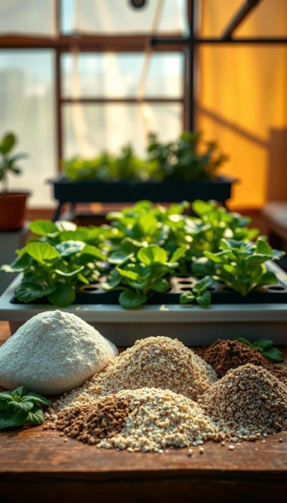 Detailed still life of organic hydroponic nutrients. Foreground features a selection of different organic fertilizers, such as kelp, bone meal, and vermicompost, arranged neatly on a wooden surface. Middle ground shows a hydroponic growing tray or container, with lush green leafy plants thriving. Background depicts a minimalist, earthy-toned greenhouse or indoor grow space, with natural lighting filtering in. Warm, soft lighting casts gentle shadows, enhancing the textures and colors of the organic materials. Composition emphasizes the harmony between the hydroponic system and the natural, sustainable nutrients that nourish it. Cinematic, documentary-style photography, with a sense of tranquility and environmental awareness.