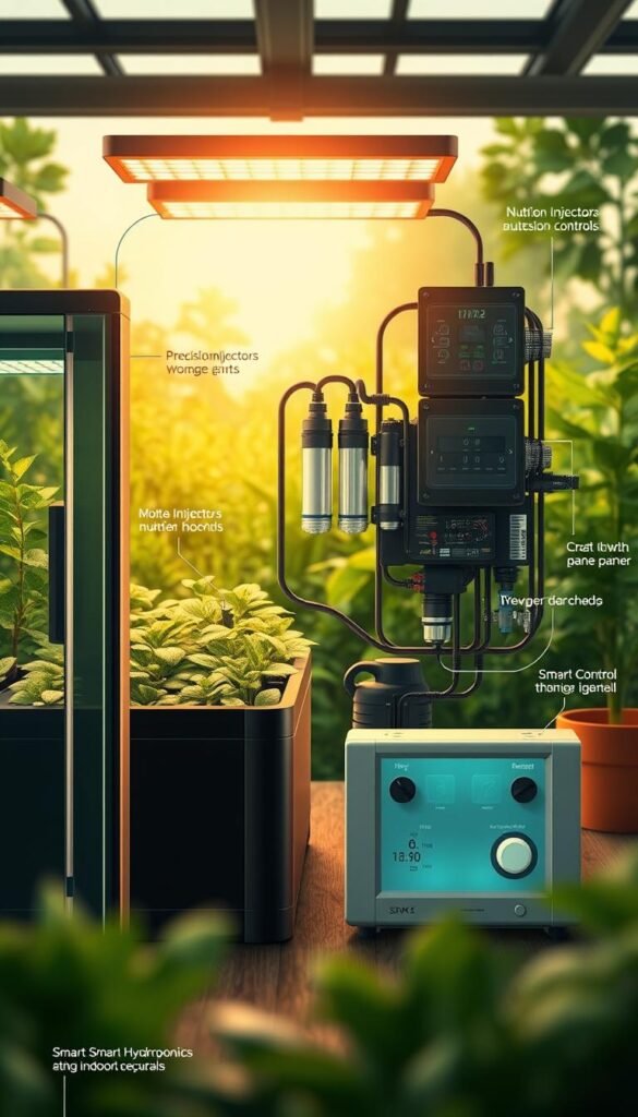 Detailed technical illustration of a smart hydroponic system. In the foreground, a sleek and modern hydroponics grow box with glass panels, precision sensors, and automated irrigation controls. In the middle ground, an array of advanced hydroponic components - nutrient injectors, LED grow lights, water pumps, and a smart control panel. In the background, a natural scene with lush greenery, suggesting a sustainable and eco-friendly indoor gardening setup. The lighting is warm and inviting, with a subtle depth of field to draw the viewer's eye to the key components. The overall mood is one of innovative technology seamlessly integrated with nature.