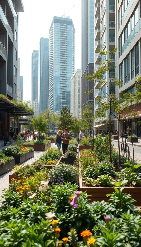 Detailed urban green transformation plan, showcasing a vibrant city street with lush gardens, raised planter beds, and community-driven landscaping. The foreground features a diverse array of thriving plants, flowers, and trees, carefully curated to create a harmonious, naturalistic environment. In the middle ground, a group of residents tending to their gardens, highlighting the collaborative nature of the project. The background depicts a modern cityscape, with sleek high-rise buildings and infrastructure, seamlessly blending the natural and the man-made. The lighting is soft and diffused, creating a serene, inviting atmosphere that encourages exploration and engagement with the urban green space. Captured through a wide-angle lens, the scene conveys a sense of scale and integration, showcasing the transformative power of community-driven environmental initiatives.