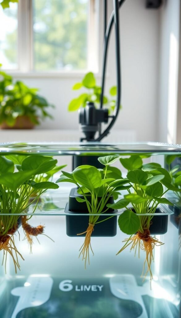 Ebb and flow hydroponics system with a transparent water reservoir, showcasing the water level fluctuations. In the foreground, lush green plants thrive in a grow tray, their roots suspended in the receding and rising water. The middle ground features the pump mechanism, visually demonstrating the ebb and flow cycle. The background depicts a minimalist, clean-lined setup, with natural lighting streaming in, creating a serene, earthy atmosphere. Captured with a wide-angle lens to emphasize the system's components and the cyclical nature of the process.