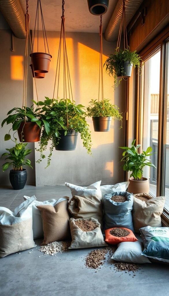 Hanging planters suspended from a modern, industrial-style balcony, casting gentle shadows on a textured concrete floor. An assortment of potting mixes and soil amendments in various natural hues and textures are neatly arranged, ready for planting. Warm, diffused lighting from a nearby window creates a soft, inviting atmosphere, highlighting the organic materials and the lush, thriving greenery of the planters. The scene conveys a sense of tranquility and thoughtful curation, ideal for a small-space gardening setup.