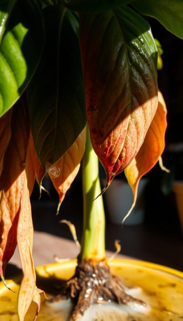 High-contrast close-up photograph of overwatered plant leaves with visible drainage issues. Foreground shows multiple leaves with drooping, discolored, and water-logged appearance. Middle ground reveals the plant stem base and soil surface, with signs of standing water and soil saturation. Background is blurred but suggests an indoor environment, perhaps a home or greenhouse setting. Bright, directional lighting from the side casts dramatic shadows, emphasizing the texture and condition of the leaves. Camera angle is slightly low, creating an immersive, detailed view of the distressed plant.