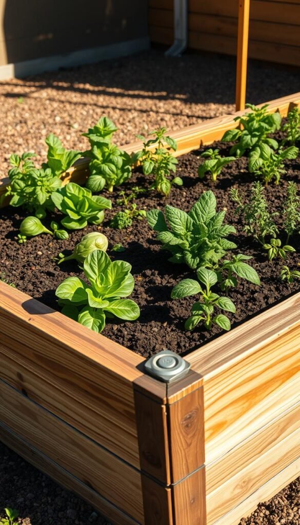 High-quality, detailed image of a raised garden bed setup for a vegetable and herb garden. The bed is constructed with weathered wooden planks, positioned in a sunny outdoor location. The bed is filled with rich, dark soil and various green leafy plants such as lettuce, kale, and herbs like basil and thyme. Warm, directional sunlight casts soft shadows across the garden bed, creating a welcoming and productive atmosphere. The scene is captured from a low angle, emphasizing the depth and texture of the garden bed and its contents. The camera settings are set to a wide angle lens, f/8 aperture, and 1/125 shutter speed to ensure sharp focus throughout the frame.
