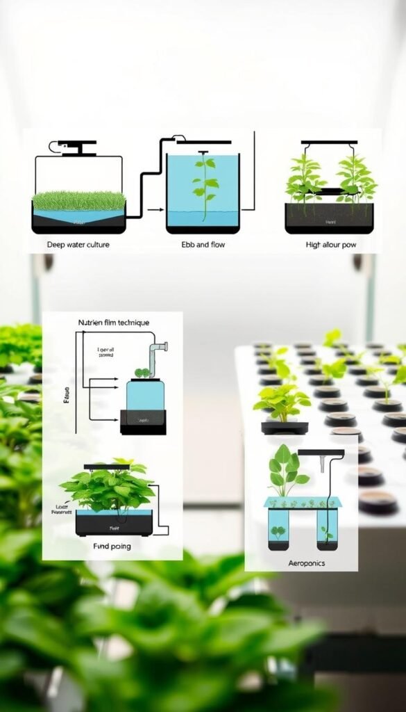 High-quality, detailed image of different types of hydroponic systems arranged in a clean, organized layout. The foreground features a selection of the most common hydroponic setups, such as deep water culture, ebb and flow, nutrient film technique, and aeroponics, each shown in clear, labeled diagrams. The middle ground shows these systems in context, with plants growing healthily within them. The background has a soft, blurred effect, with a minimalist, neutral-toned environment to keep the focus on the hydroponic setups. Crisp, studio-style lighting illuminates the scene, capturing the technical, educational nature of the image. The overall mood is informative, educational, and visually appealing.