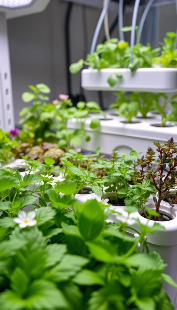 High-quality, intricate, and detailed hydroponic setup showcasing a variety of fresh and vibrant herb plants. Lush green leaves and delicate flowers in the foreground, with a sleek, minimalist white container system in the middle ground. Soft, diffused lighting illuminates the scene, creating a serene and natural atmosphere. The setup is captured from a slightly elevated angle, highlighting the careful arrangement and the healthy, thriving herbs. Shades of green, purple, and white create a visually striking and harmonious composition.