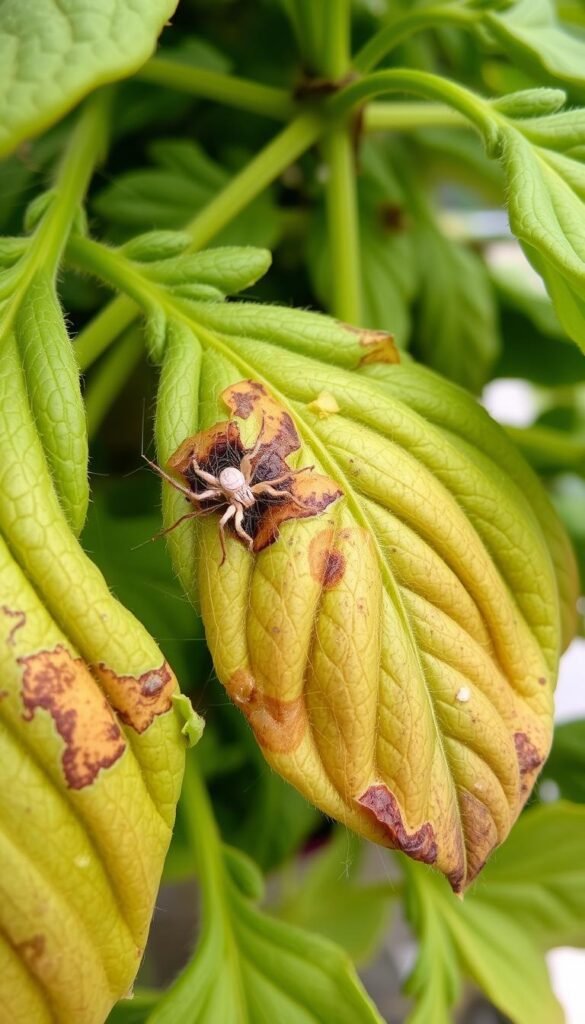 High-resolution close-up photograph of spider mite damage on the leaves of hydroponic plants, shot with a macro lens under soft natural lighting. The leaves are discolored and stippled with webbing, revealing the presence of the tiny spider mites. The damaged areas are prominent in the foreground, with the healthy parts of the leaves and stems visible in the background, providing context. The image showcases the characteristic symptoms of spider mite infestation in a hydroponic growing environment, allowing for clear identification of this common pest issue.