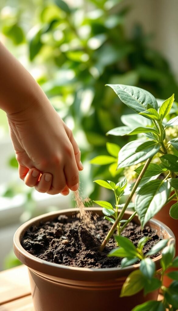 High-resolution image of a person carefully applying organic fertilizer to the soil around the base of a potted plant, with lush greenery in the background. Soft, natural lighting illuminates the scene, creating a serene and eco-friendly atmosphere. The person's hands gently work the soil, demonstrating proper techniques for even distribution and soil incorporation. The image emphasizes the importance of mindful, sustainable fertilizer application for container gardens.