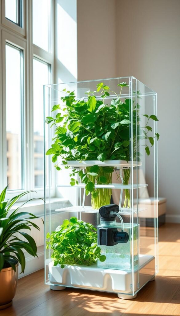 Hydroponic container setup, featuring a modern, clean-lined design with a clear acrylic or glass enclosure showcasing lush, verdant plants thriving in a nutrient-rich water-based system. Crisp, natural daylight filters in through large windows, illuminating the scene with a soft, ambient glow. In the foreground, a sleek, minimalist planter unit houses a variety of leafy greens and herbs, their vibrant colors and delicate textures inviting the viewer to imagine the fresh, flavorful produce that can be grown. The middle ground reveals the core components of the hydroponic setup - a water reservoir, a submersible pump, and a network of transparent tubing delivering the nutrient-enriched solution to the plants. The background features a simple, uncluttered interior, allowing the hydroponic system to take center stage and showcase its efficient, self-contained design.