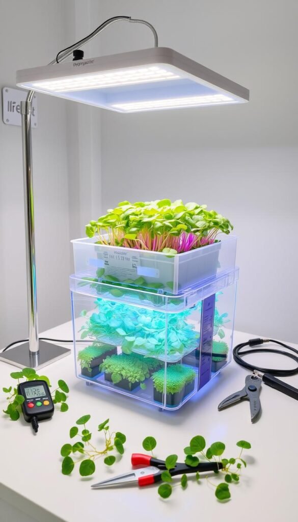 Hydroponic container setup in a bright, airy indoor setting. A clean, modern countertop or table showcases a rectangular clear plastic or glass hydroponic planter filled with lush, vibrant microgreens. The planter has a self-watering system with visible water level indicators. Surrounding the planter are essential accessories like a grow light with adjustable arms, a pH meter, and a set of pruning shears. The lighting is soft and diffused, creating an even, natural-looking illumination that brings out the vivid colors of the microgreens. The overall scene conveys a sense of efficiency, control, and the quiet satisfaction of a successful indoor hydroponic microgreen harvest.