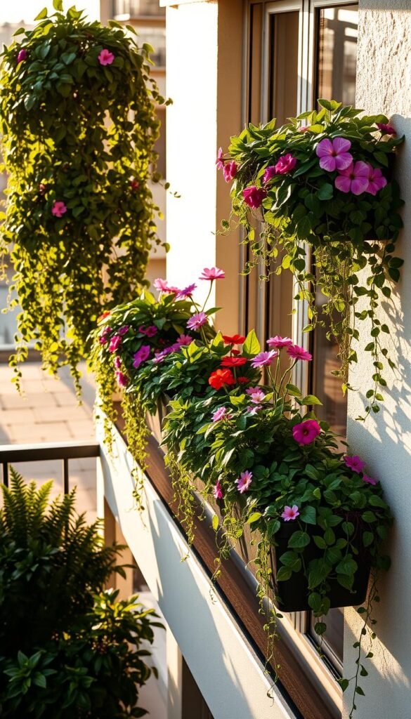 Intricate vertical garden planters adorning a cozy balcony, bathed in warm, golden afternoon light. Lush, cascading foliage spills over the sleek, modern railing planters, creating a verdant, inviting atmosphere. Carefully curated arrangements of vibrant flowers and trailing vines add pops of color, transforming the limited space into a personal oasis. The planters are strategically positioned to maximize the available area, showcasing how thoughtful design can elevate even the smallest of balconies. A serene, zen-like ambiance permeates the scene, hinting at the calming benefits of surrounded by nature, even in an urban setting.