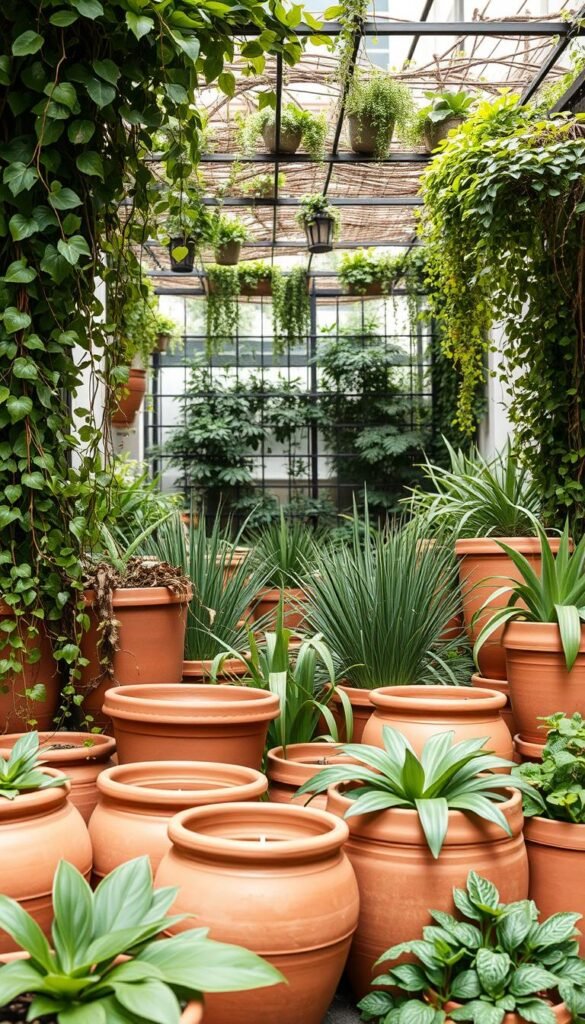 Layered urban garden design pots: A lush, verdant oasis in a concrete jungle. In the foreground, an array of terracotta pots in varying sizes and shapes, overflowing with cascading vines and trailing foliage. Mid-ground, ornamental grasses and leafy plants create a sense of depth, their textures and hues complementing the earthy tones of the pottery. In the background, a visually striking trellis or hanging structure provides a natural canopy, casting gentle shadows and adding a sense of enclosure. The lighting is soft and diffused, evoking a warm, inviting atmosphere. Captured through a medium-wide lens, the scene conveys a harmonious integration of nature and urban living.