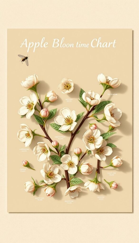 Lush, botanical illustration of an "apple bloom time chart" against a muted, earthy backdrop. Intricate, hand-drawn depiction of apple blossoms in various stages of bloom, arranged in a clean, organized grid layout. Soft, natural lighting casts delicate shadows, emphasizing the textural details of the flowers. Subtle color palette of soft pinks, creams, and greens, complemented by the neutral tones of the background. The overall composition has a harmonious, educational feel, suitable for a home gardening guide on pollination.