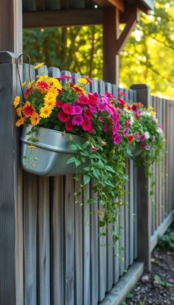 Lush, cascading rain gutter planters filled with vibrant, trailing flowers adorn a rustic wooden fence against a backdrop of a sun-dappled garden. The planters are crafted from repurposed gutters, their metallic surfaces reflecting the warm, golden light. Trailing vines and foliage spill over the edges, creating a naturalistic, organic arrangement. The scene has a relaxed, inviting atmosphere, conveying the beauty and versatility of upcycled container gardening.