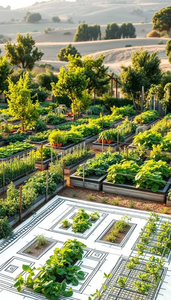 Lush garden layout planning in soft morning light. Detailed sketch-like foreground showing meticulously planned beds, pathways, and trellises. Middle ground with thriving vegetable and herb plants in an organized grid layout. Background features mature fruit trees and a gentle rolling landscape. The scene conveys a sense of harmony and abundance, highlighting the potential for continuous growth in a tightly-packed yet thoughtfully designed garden space.