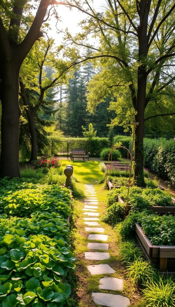 Lush green garden with well-tended raised beds, nestled in a sun-dappled clearing. Warm natural lighting filters through towering trees, casting gentle shadows on the verdant foliage. A meandering stone path invites exploration, leading the eye towards a peaceful seating area surrounded by blooming flowers. The scene exudes a sense of tranquility and productivity, perfectly capturing the essence of an ideal home vegetable garden location.