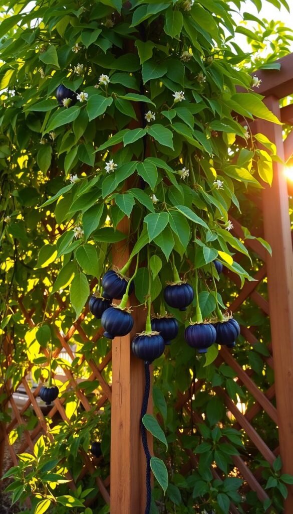 Lush passion fruit vines climbing up a sturdy wooden trellis, their vibrant green leaves and delicate flowers casting natural shadows on the ground. The trellis stands tall, its intricate lattice-work structure providing ample support for the vining plants. Warm, golden sunlight filters through the foliage, creating a serene, inviting atmosphere. In the foreground, passion fruits in various stages of ripeness hang from the vines, their deep purple hues contrasting beautifully with the surrounding greenery. The scene conveys the abundant growth and productivity enabled by the trellis system, highlighting its practical and aesthetic benefits for a thriving passion fruit garden.
